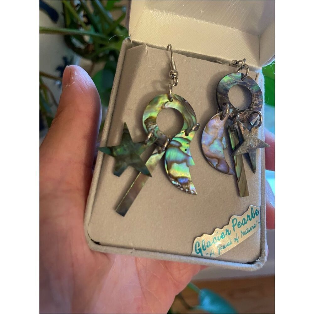 Abalone Glacier Pearls Shell Celestial Moon & Star Dangle Earrings - Picture 5 of 13